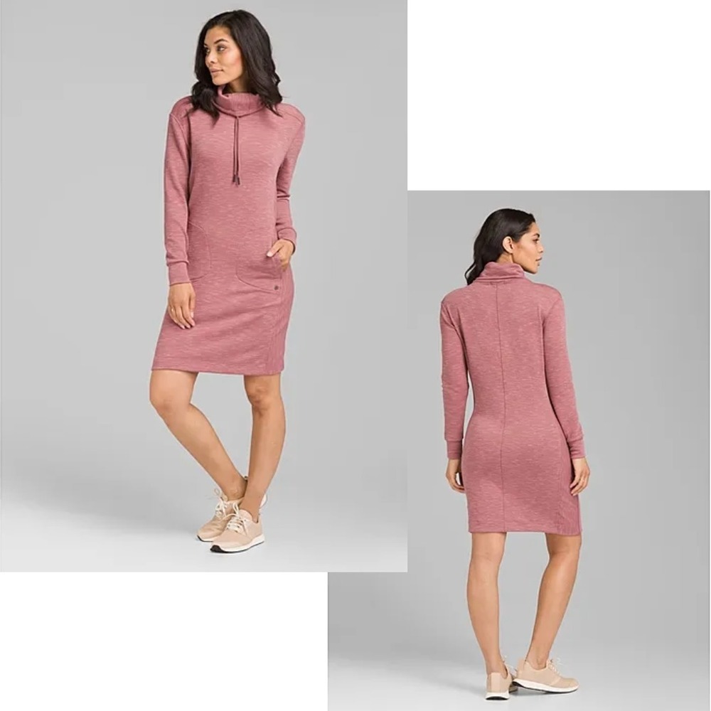 Prana Sunrise Dress Small Pink Long Sleeve Funnel Neck Pockets Athleisure Sporty